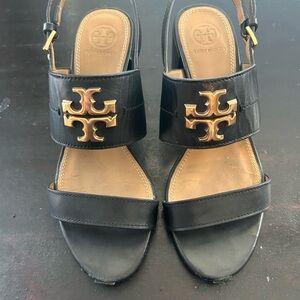 Tory Burch Black Leather Sandals with Gold Logo Accent